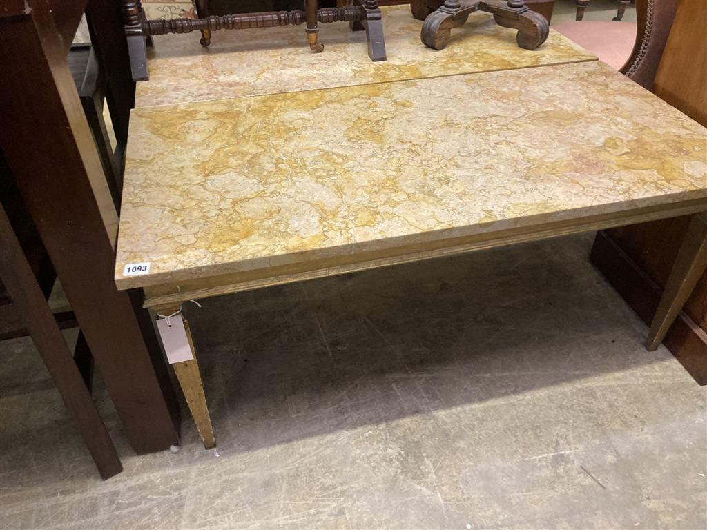 A pair of rectangular marble topped giltwood coffee tables, length 100cm, depth 50cm, height 45cm